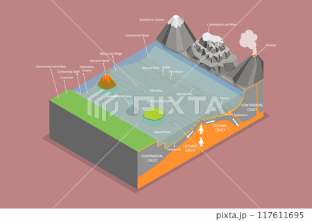 3D Isometric Flat Vector Illustration of Structure of Oceanic Basin, Educational Schema 3D Isometric Flat Vector Illustration of Structure of Oceanic Basin, Educational Schema 117611695