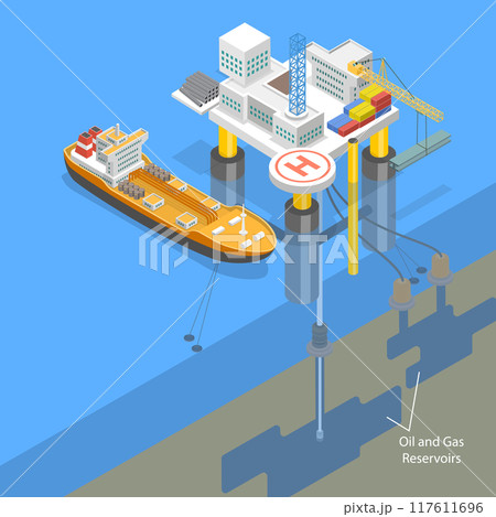 3D Isometric Flat Vector Illustration of Ocean Drilling, Scene Oil Extraction 117611696
