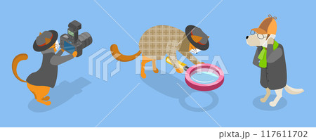 3D Isometric Flat Vector Illustration of Funny Pet Detectives, Crime Investigating 117611702