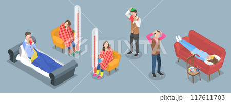 3D Isometric Flat Vector Illustration of Diverse Unhealthy People, Charecters Suffering from Flu and Fever with Cough and Sneeze 117611703