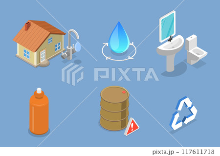 3D Isometric Flat Vector Illustration of Water Conservation, Rainwater Collection for Resource-Saving 3D Isometric Flat Vector Illustration of Water Conservation, Rainwater Collection for Resource-Saving 117611718