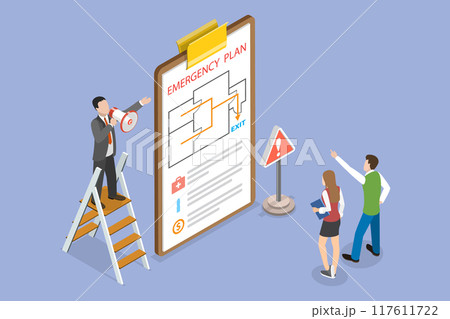 3D Isometric Flat Vector Illustration of Emergency Map, Office Evacuation Procedure 117611722