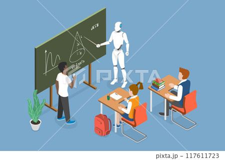 3D Isometric Flat Vector Illustration of Future Education, Collaborative Learning with Robot Teacher and Students in a Classroom 117611723