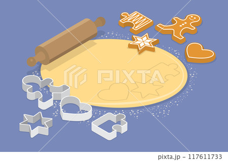 3D Isometric Flat Vector Illustration of Sweet Pastry, Dough, Wooden Rolling Pin, and Cookie Cutters 3D Isometric Flat Vector Illustration of Sweet Pastry, Dough, Wooden Rolling Pin, and Cookie Cutters 117611733