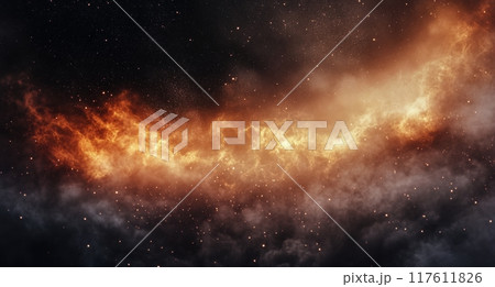 Vibrant flames intertwining with dark, moody clouds in a dramatic twilight sky 117611826