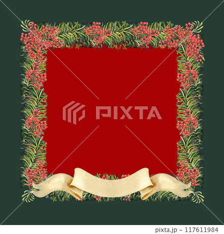 Christmas frame with paper ribbon banner with green fir branches, holly berries. Watercolor botanical illustration isolated on white back. Vintage rolled up template for text. Rolled paper in beige Christmas frame with paper ribbon banner with green fir branches, holly berries. Watercolor botanical illustration isolated on white back. Vintage rolled up template for text. Rolled paper in beige 117611984