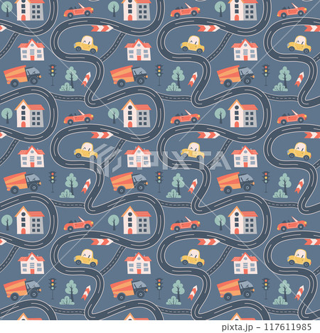 Kids seamless pattern with car, bus and road. Perfect for fabric , digital paper, cards. Kids seamless pattern with car, bus and road. Perfect for fabric , digital paper, cards. 117611985
