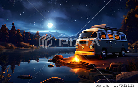 Vintage Camper Van Parked By A Lake Under A Starry Night Sky 117612115