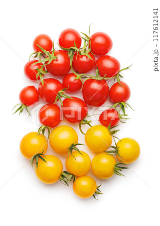 Different colorful cherry tomatoes isolated on white background. 117612141