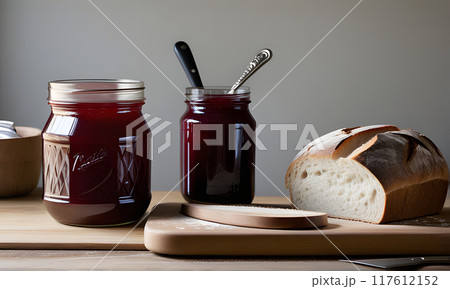Two Jars of Homemade Blackberry Jam With Freshly Baked Bread on a Wooden Cutting Board 117612152