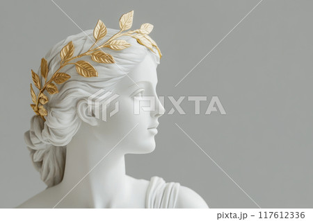 Antique statue of an attractive woman is wearing golden laurel wreath crown Antique statue of an attractive woman is wearing golden laurel wreath crown 117612336