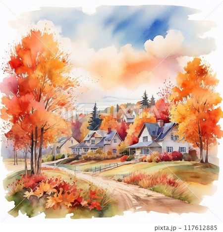 drawn watercolor painting of autumn scenic village . landscape painting with village houses , chalet house, green fields, grass, meadow, autumn trees 117612885