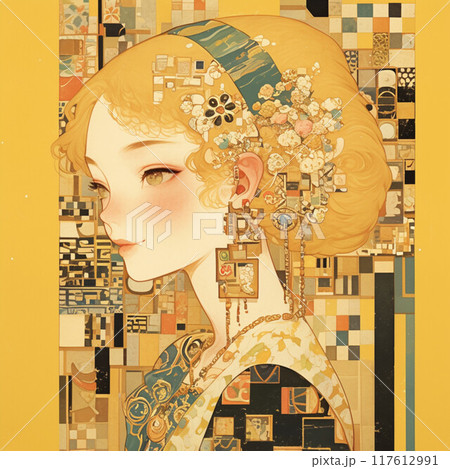 19世紀ヨーロッパ貴族風の衣装の若い日本人女性_豪華背景_イラスト4 117612991