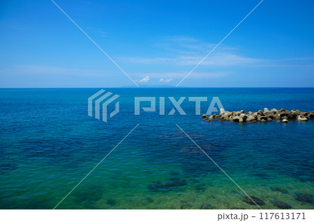 穏やかな日の桑川の海岸と遠方の佐渡島　笹川流れ　日本海 117613171