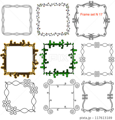 A set of carved beautiful frames with floral ornaments or abstract square patterned frames in the form of a Christmas garland. Vector illustration Beautiful carved frames to frame messages text and 117613189