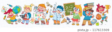 Back to school. Children in geography, chemistry, math, literature, physical education class. Panorama 117613309