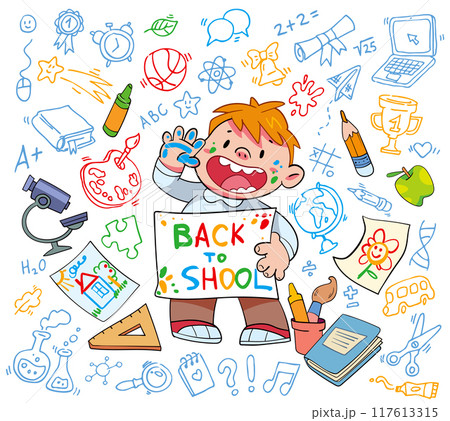 Funny boy holding a painted sign back to school. Cartoon character. Vector illustration 117613315