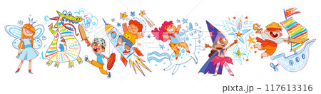 Childhood dreams and fantasies. Kids imagination. Fairy tales for children Childhood dreams and fantasies. Kids imagination. Fairy tales for children 117613316