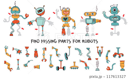 Find missing parts for the robots. Pick the right part. Educational game for kids Find missing parts for the robots. Pick the right part. Educational game for kids 117613327