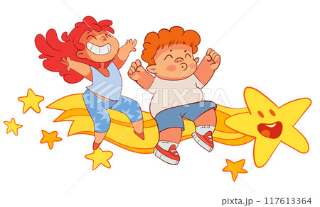 Kids flying on a comet. Colorful cartoon characters. Isolated on white background 117613364
