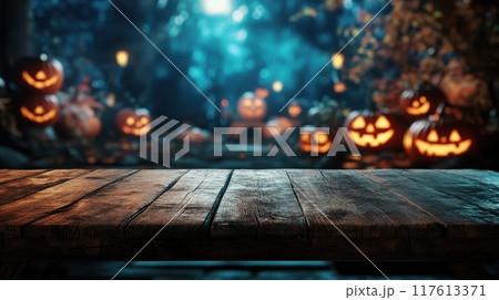 Spooky Halloween night with glowing jack-o'-lanterns illuminating a dark forest path. Generative AI 117613371