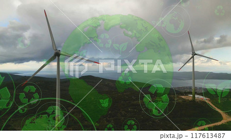 Alternative Energy. Wind farm. Aerial view of horizontal-axis wind turbines generating electricity Wind energy. Clean renewable energy technologies. Wind power plants. Animated visualization concept 117613487