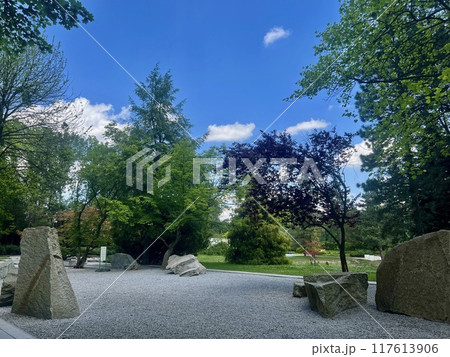 Landscape view of Japanese park with trees and grass on a sunny day in Chorzow, Silesia, Poland 117613906
