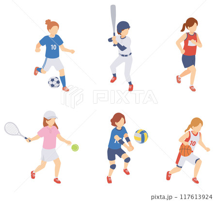 スポーツをする女性のアイソメトリックイラストセット スポーツをする女性のアイソメトリックイラストセット 117613924