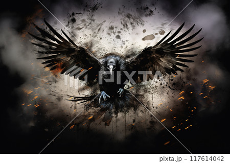 A powerful raven with outstretched wings descends amidst a storm of dark energy and fiery sparks, Birds, Wildlife Animals. A powerful raven with outstretched wings descends amidst a storm of dark energy and fiery sparks, Birds, Wildlife Animals. 117614042