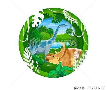 Paper cut prehistoric dinosaurs banner. Cartoon 3d vector round papercut frame filled with dino species at lush, green, jungle forest landscape with ancient trees, hanging vines and crystal-clear pond 117614290