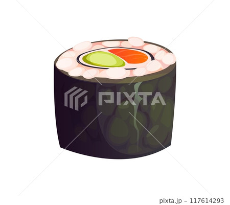 Cartoon Japanese maki sushi roll, showcasing raw slices of creamy avocado and fresh salmon fish enveloped in rice with seaweed on the outside. Isolated vector Asian culinary meal, Japan seafood Cartoon Japanese maki sushi roll, showcasing raw slices of creamy avocado and fresh salmon fish enveloped in rice with seaweed on the outside. Isolated vector Asian culinary meal, Japan seafood 117614293