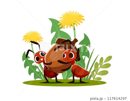 Ant characters carry an acorn. Two cartoon ant workers carrying acorn together, showing teamwork, stock up and cooperation. Vector colorful natural summer scene with dandelion plants and cute insects Ant characters carry an acorn. Two cartoon ant workers carrying acorn together, showing teamwork, stock up and cooperation. Vector colorful natural summer scene with dandelion plants and cute insects 117614297
