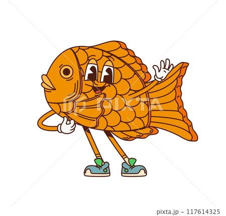 Cartoon retro groovy Japanese taiyaki fish dessert characters, vector funky comic. Groovy funny taiyaki fish or cake snack with face, happy smile and Hi gesture for Japanese cartoon street food pastry 117614325
