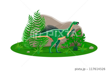 Wannanosaurus prehistoric dinosaur cartoon character. Isolated vector herbivore ancient reptile dino animal in natural environment with green plants. Late Cretaceous era lizard, paleontology science Wannanosaurus prehistoric dinosaur cartoon character. Isolated vector herbivore ancient reptile dino animal in natural environment with green plants. Late Cretaceous era lizard, paleontology science 117614326