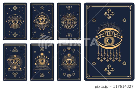 Magic tarot cards with esoteric symbols for reverse decks, vector mystic signs. Tarot cards backgrounds with magic symbols of sun, moon and star with eye in mason pyramid and pentacle in golden line 117614327