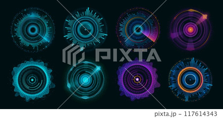 Round circle futuristic chart and HUD interface dashboard elements, vector infographic diagrams. HUD radar scans and sonar detectors with target aim monitor for dashboard info data charts and graphs 117614343