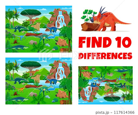 Kids game, find ten differences between prehistoric dinosaurs. Cartoon vector worksheet, educational riddle with reptile dino animals in the ancient natural landscape with lush greenery and waterfall 117614366