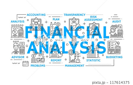 Financial analysis, tax revenue and budget accounting with finance audit, vector line icons. Finance analysis icons of risk assessment in business plan, budgeting and payment transactions transparency 117614375