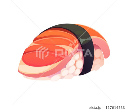 Cartoon japanese nigiri sushi roll featuring fresh salmon fish slice, rice and seaweed wrap. Isolated vector traditional Japan food dish, asian cuisine appetizing meal, gourmet seafood delicacy snack 117614388