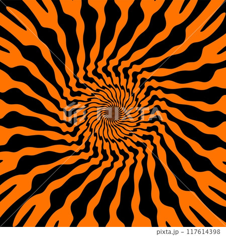 Psychedelic Halloween spiral pattern. Dynamic black and orange vortex waves. Vector illusion of continuous motion and energy, trippy whirlpool, distorted twirl background, surreal fractal abstraction 117614398