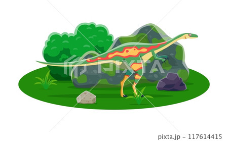 Elaphrosaurus prehistoric dinosaur with slender body and long legs. Cartoon vector carnivore dino in a lush Late jurassic natural landscape with dense foliage and rocks. Paleontology science creature 117614415