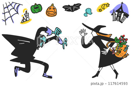 ハロウィンで脅すモンスターとお菓子を欲しがる魔女 アイコンとセット ストックイラスト素材 ハロウィンで脅すモンスターとお菓子を欲しがる魔女 アイコンとセット ストックイラスト素材 117614593