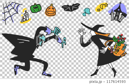 威脅萬聖節的怪物和想要糖果圖示和套裝的女巫插圖素材 威脅萬聖節的怪物和想要糖果圖示和套裝的女巫插圖素材 117614593