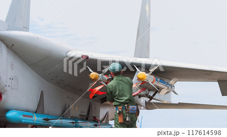 F-15イーグルのミサイルを点検整備する自衛隊員 F-15イーグルのミサイルを点検整備する自衛隊員 117614598