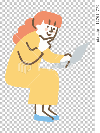 考えながらパソコン作業をしている女性_色 117614779