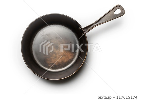 Old copper frying pan isolated on white background 117615174