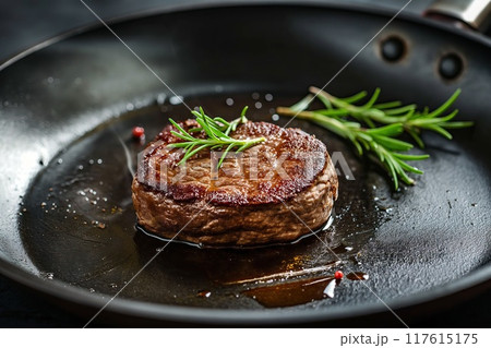 Grilled beef steak with rosemary and sauce on a frying pan 117615175