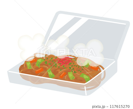 湯気の立つパック入りの焼きそば 117615270