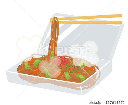 湯気の立つパック入りの焼きそばに割り箸 117615272