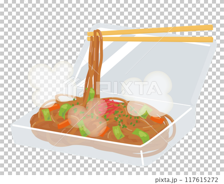 湯気の立つパック入りの焼きそばに割り箸 117615272